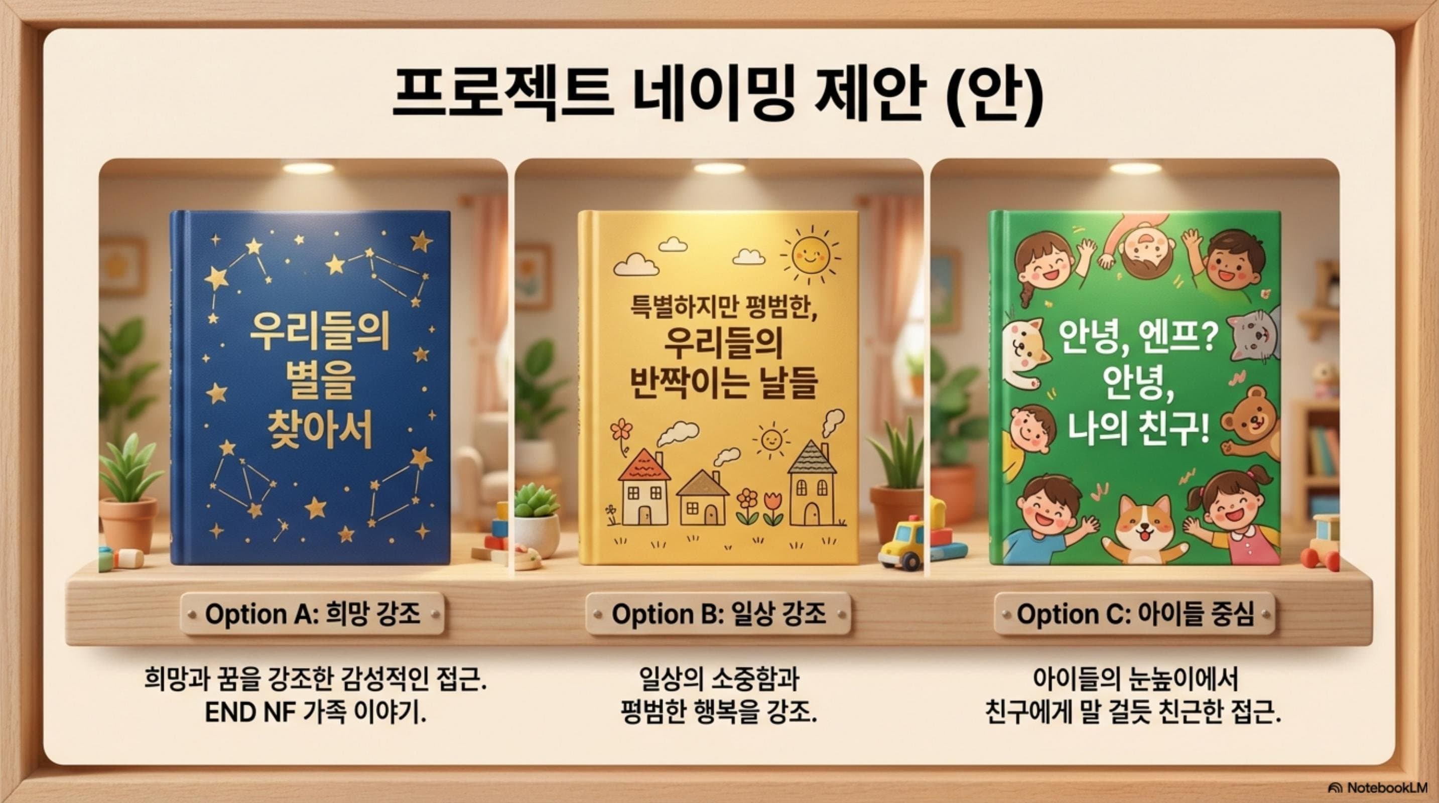 프로젝트 네이밍 제안 — 우리들의 별을 찾아서 / 특별하지만 평범한, 우리들의 반짝이는 날들 / 안녕, 엔프? 안녕, 나의 친구!