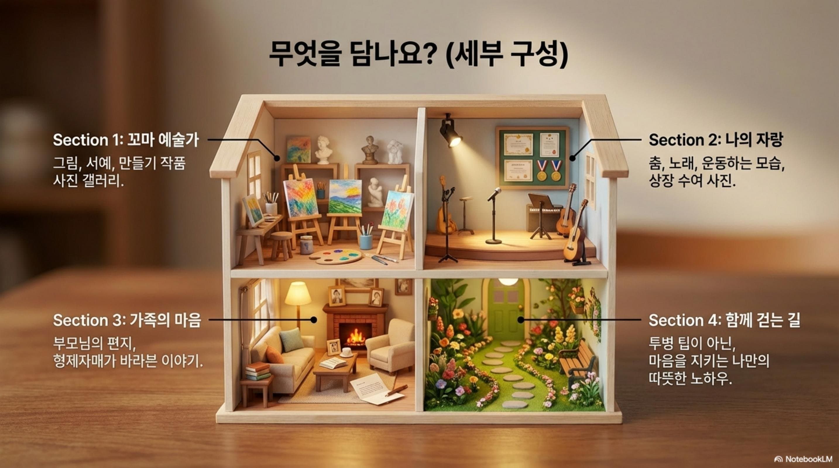 무엇을 담나요? — 꼬마예술가 / 나의자랑 / 가족의마음 / 함께걷는길